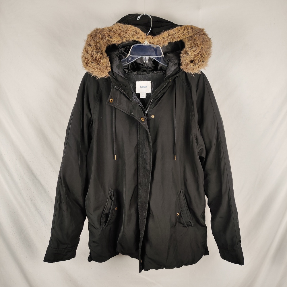 Old Navy Coat Mens Large Black Hooded Fur Trim Parka Zip Lined Insulated Winter